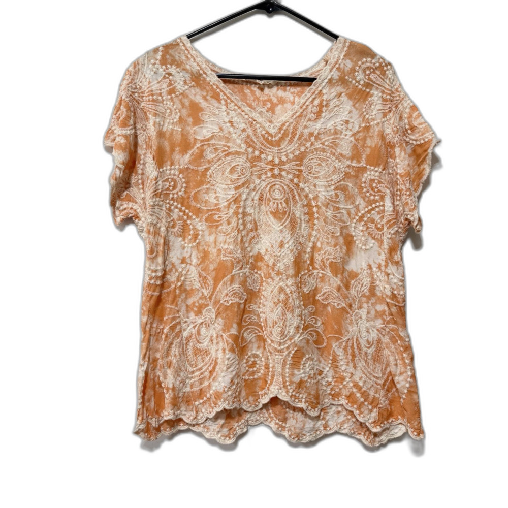 Solitaire Embroidered Scallop Hem Top XL  Orange Rayon Short Sleeve Beachy Boho